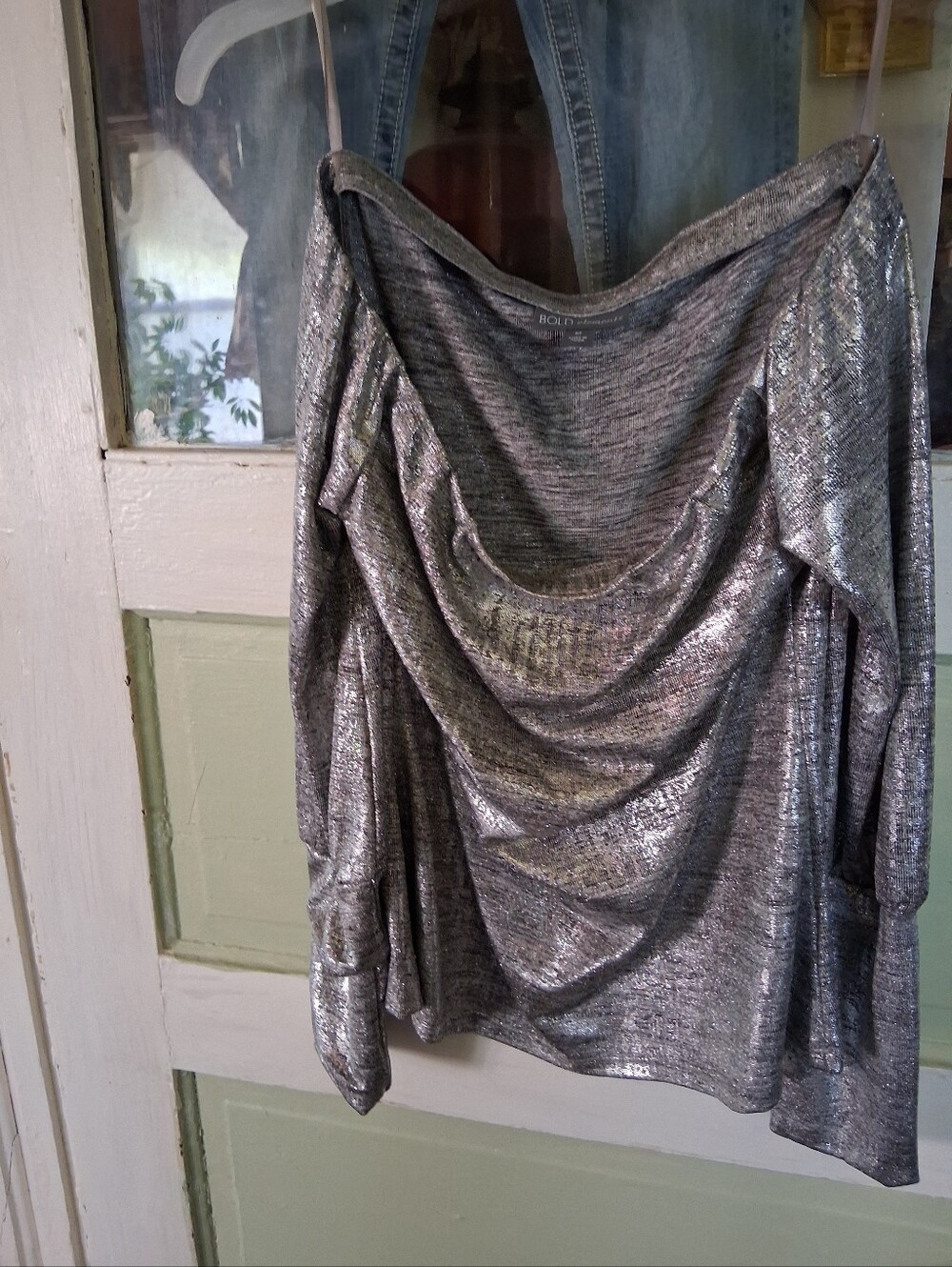 BOLD elements Metallic Silver Drape-Neck Women's Top